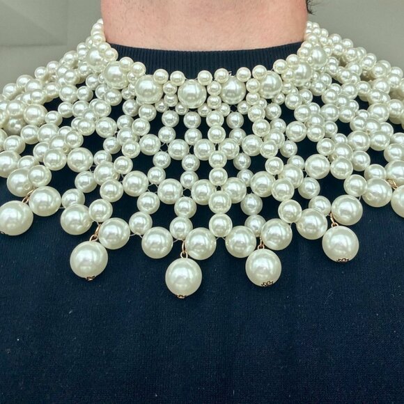 White Pearl Layered Choker Statement Necklace - Picture 2 of 4